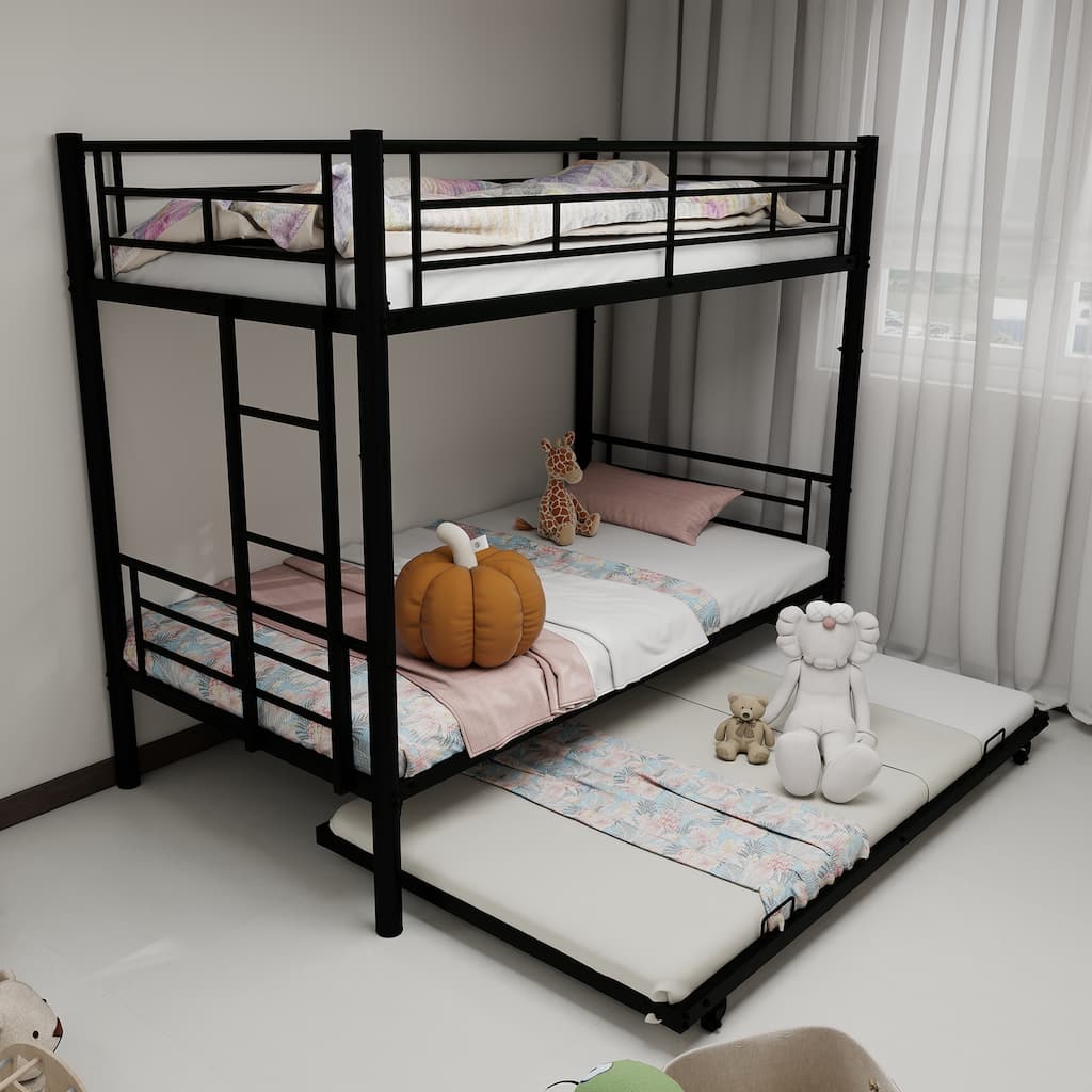 Heavy Duty Metal Twin over Twin Bunk Bed Frame with Trundle Bed, Detachable Steel Bunk Bed, Converted Into Two Separate Beds