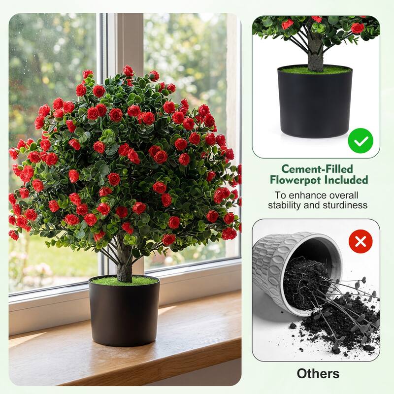 Gymax 2 Pack Artificial Rose Topiary Ball Trees w/PP Cement-Filled - Green & Red & Black