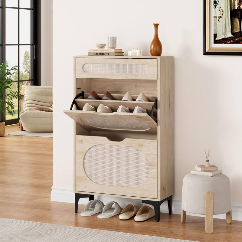 Shoe Cabinet, Rattan Shoe Storage With 2 Flip Drawer and 1 Pull-Out Drawer, Heavy Duty Metal Leg