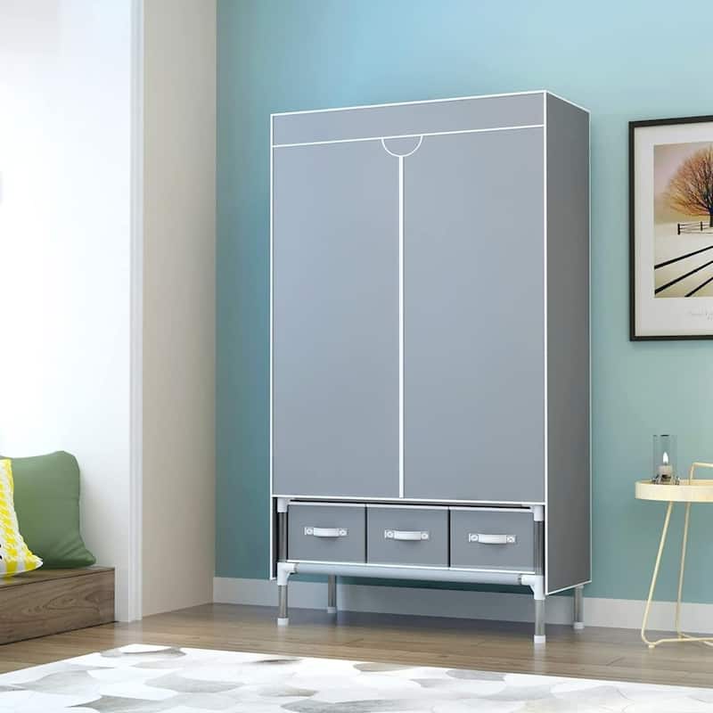 Portable Clothes Closet Rolling Door Wardrobe with Hanging Rack Non-Woven Fabric Storage Organizer with Three Drawer Boxes No-To