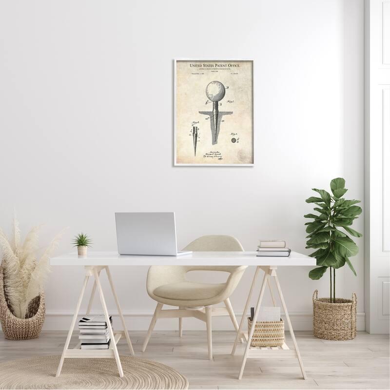 Stupell Golf Ball Tee Patent Blueprint Diagram Outline Framed Wall Art - Beige