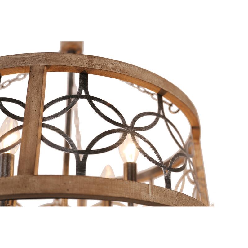 Bella Depot 4-Light Distressed Wood Wheel Chandelier Engraved Pattern Pendant Light with Adjustable Chain