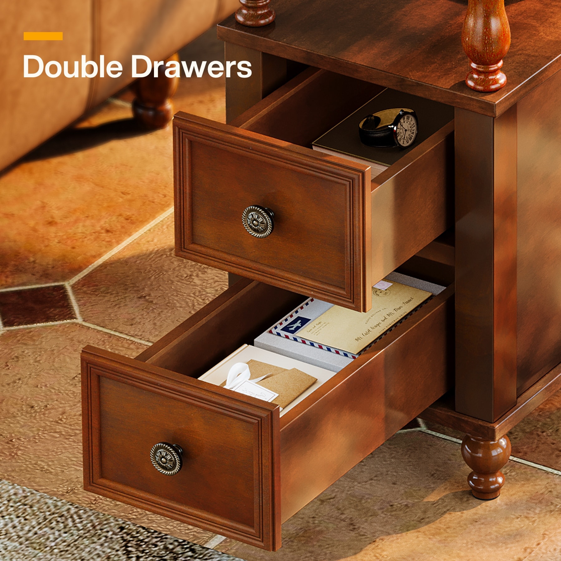 23.63'' Classical Solid Wood Side Table with Open Storage and 2