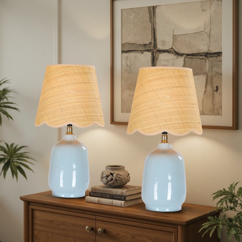 2 Pack Rustic Ceramic Accent Table Lamp with Raffia Shade