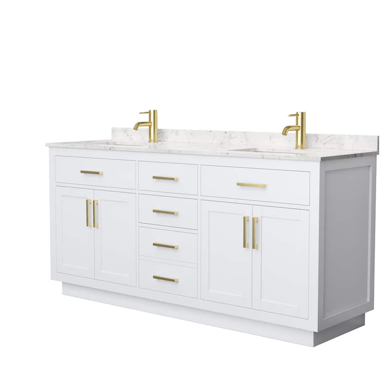 Beckett TK 72-inch Double Vanity, Cultured Marble Top - White, Gold Trim, Carrara Cultured Marble Top