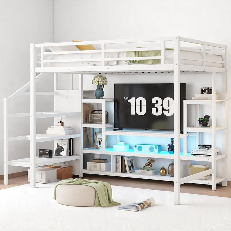 Metal Loft Bed Full Size with TV Cabinet, LED Strip, Wardrobe, Charging Ports and Stairs with Storage