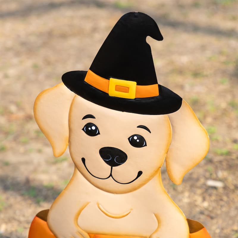 Glitzhome Halloween Metal Black Cat or Labrador in Pumpkin Yard Stake Wall Decor