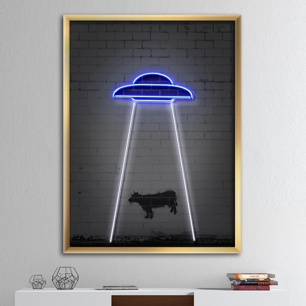 Designart 'Neon UFO Abducting Cow' Modern & Contemporary Framed Art Print. Opens flyout.