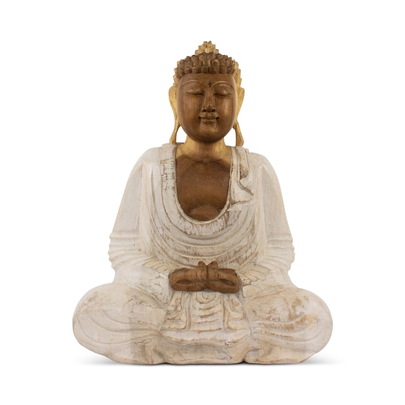 Wood Buddha Statue Hand Carved Whitewashed Dhyana Mudra Sculpture, Zen Meditation Decor - 8" tall x 6.5" wide x 3.5" deep