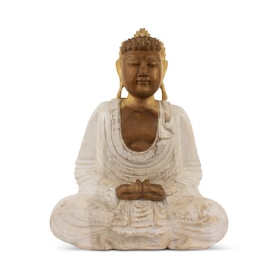 Wood Buddha Statue Hand Carved Whitewashed Dhyana Mudra Sculpture, Zen Meditation Decor