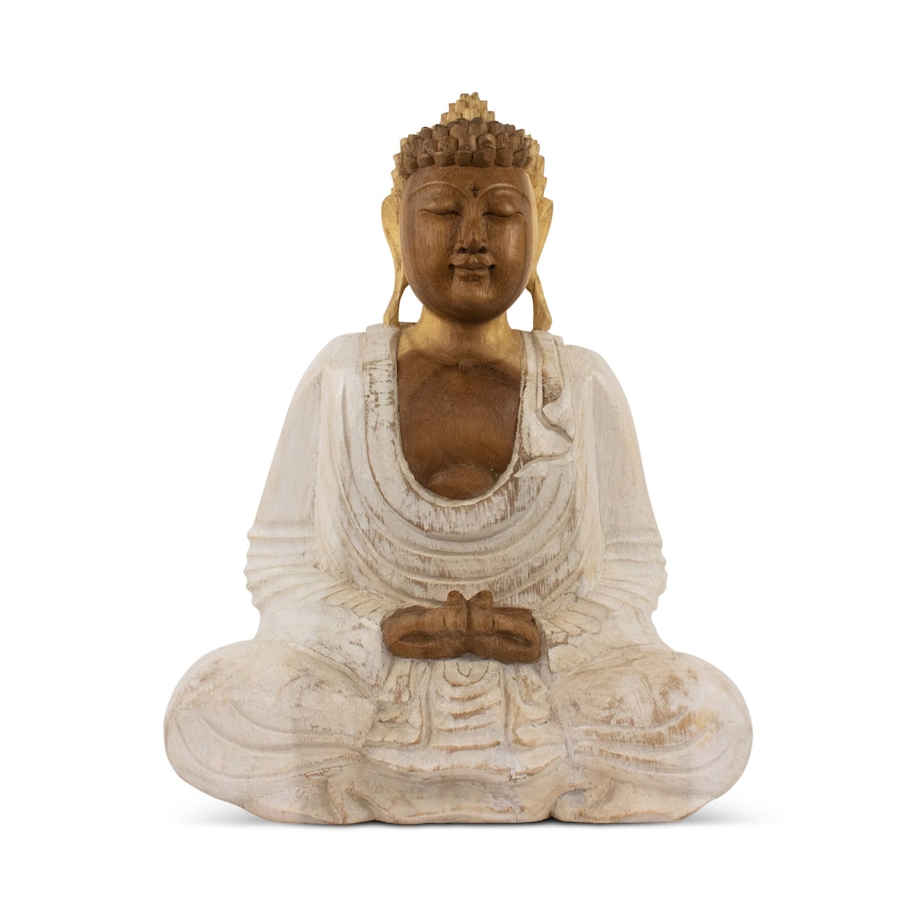 Wood Buddha Statue Hand Carved Whitewashed Dhyana Mudra Sculpture, Zen Meditation Decor