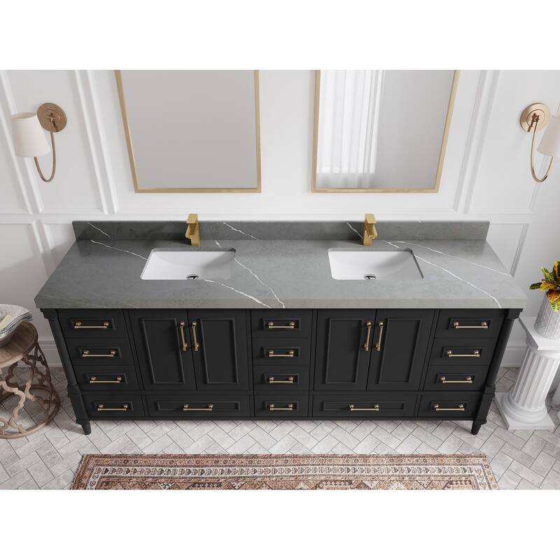 Willow Collections 84 in. W x 22 in. D Aberdeen Double Bowl Sink Bathroom Vanity with Countertop - 2" Piatra Gray - Black