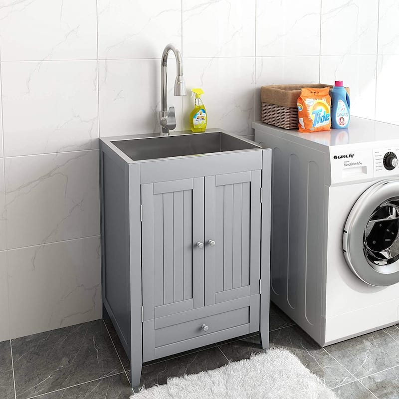 24 inch Laundry Cabinet Utility Sink Vanity, Stainless Steel Sink, Faucet and Cabinet Combo - GREY