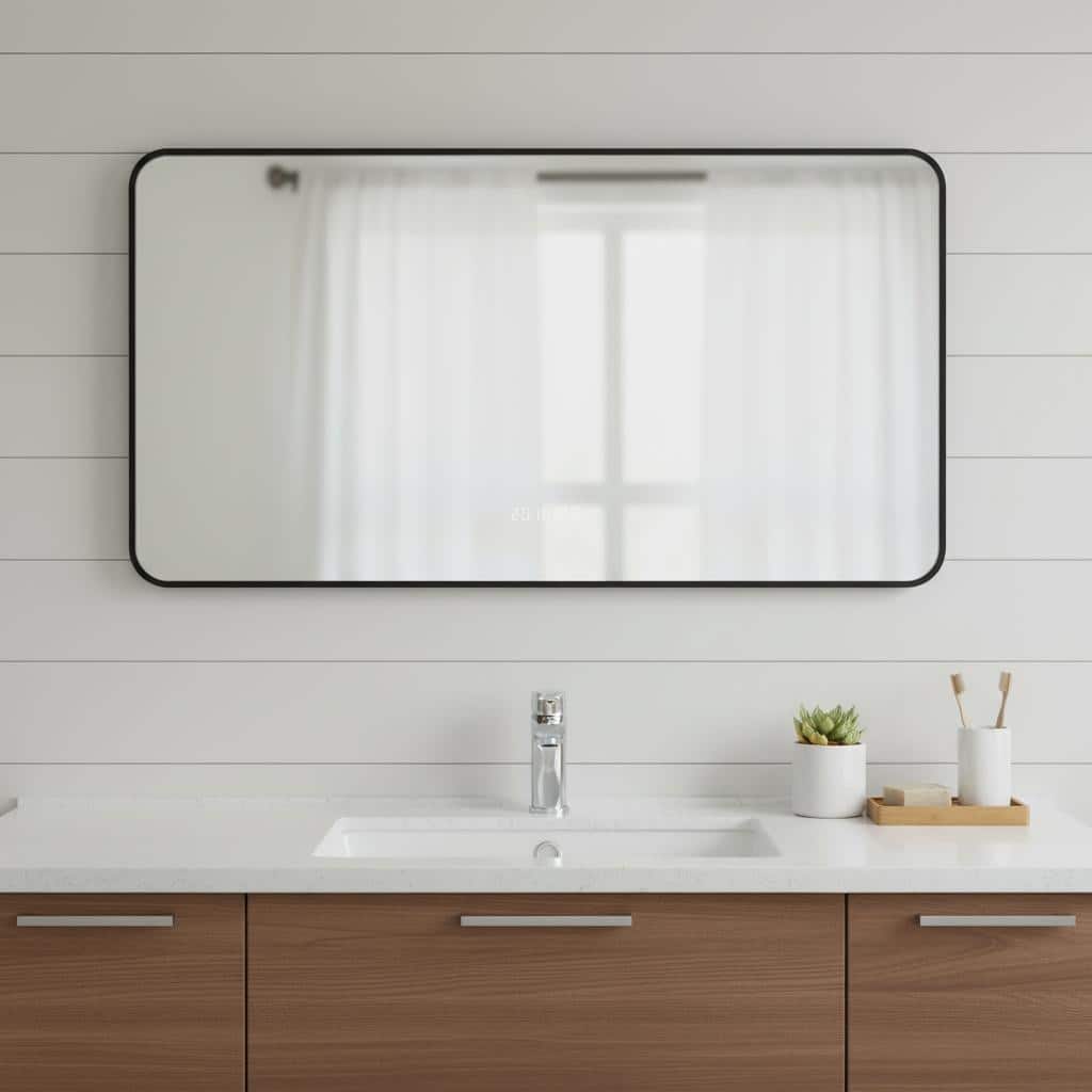 HomeRoots 24" Black Aluminum Lighted Framed Anti Fog Bathroom Vanity Mirror - 31.50 in. x 23.62 in. x 1.18 in.