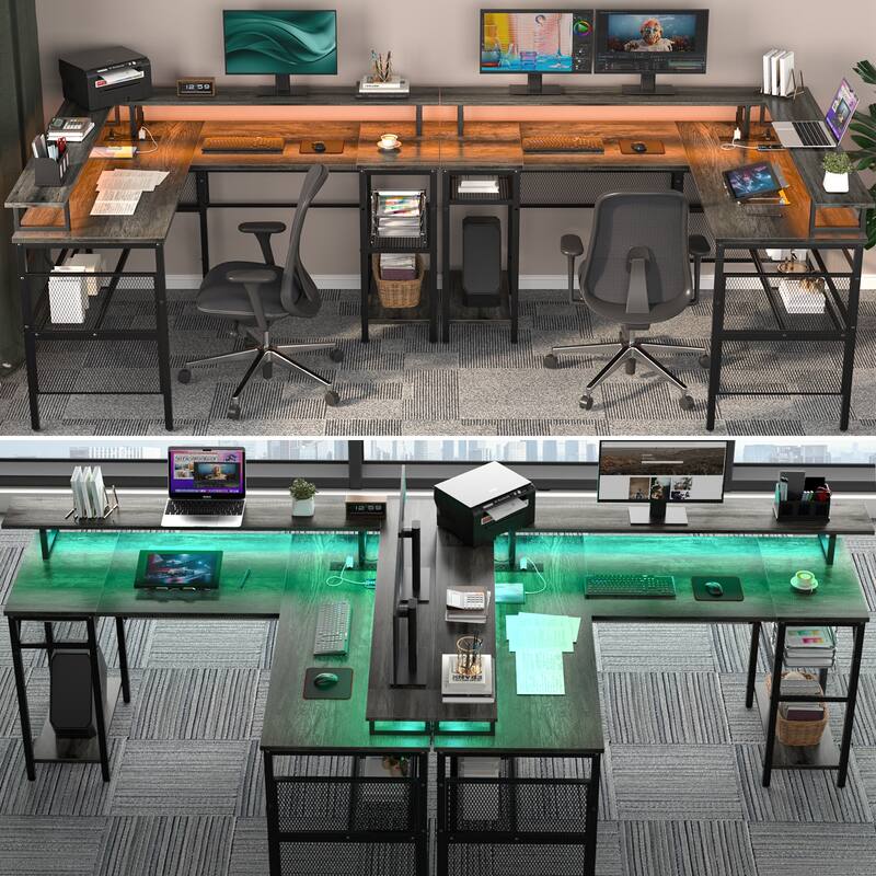 L Shape Computer Desk Reversible Gaming Desk with Charge Station and LED Light