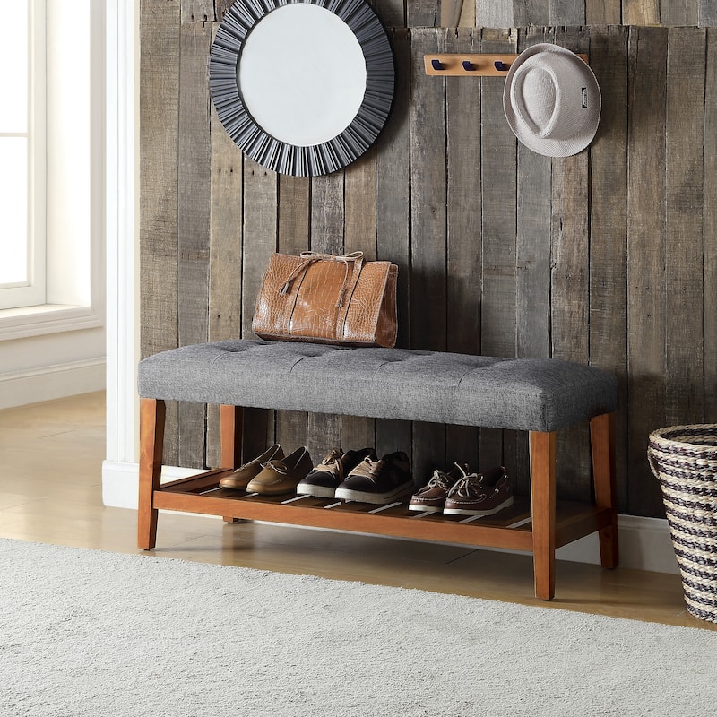 Gray Fabric and Oak Finish Bench