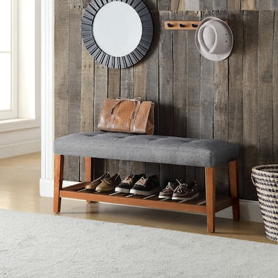 Gray Fabric and Oak Finish Bench