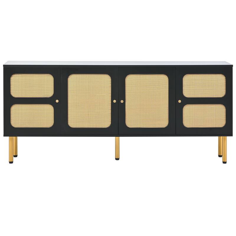 Rattan TV Stand for TVs Up to 70", Wood Media Console Table with 3 Cabinets, TV Media Storage Cabinet for Living Room