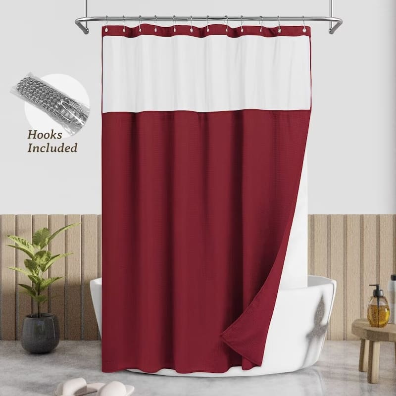 Waffle Weave Shower Curtain with Snap-in Liner 12 Hooks Included - 71"Wx72"L - Red