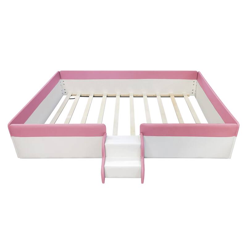 Roomfitters Twin/Full/Queen/King Size Upholstered Daybed Frame with Safety Fence and Stairs, PU Fabric Platform Bed with Slats