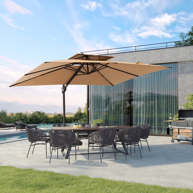 9 FT x 12 FT Outdoor Patio Dual Top Umbrella Cantilever Offset with No Base - Tan