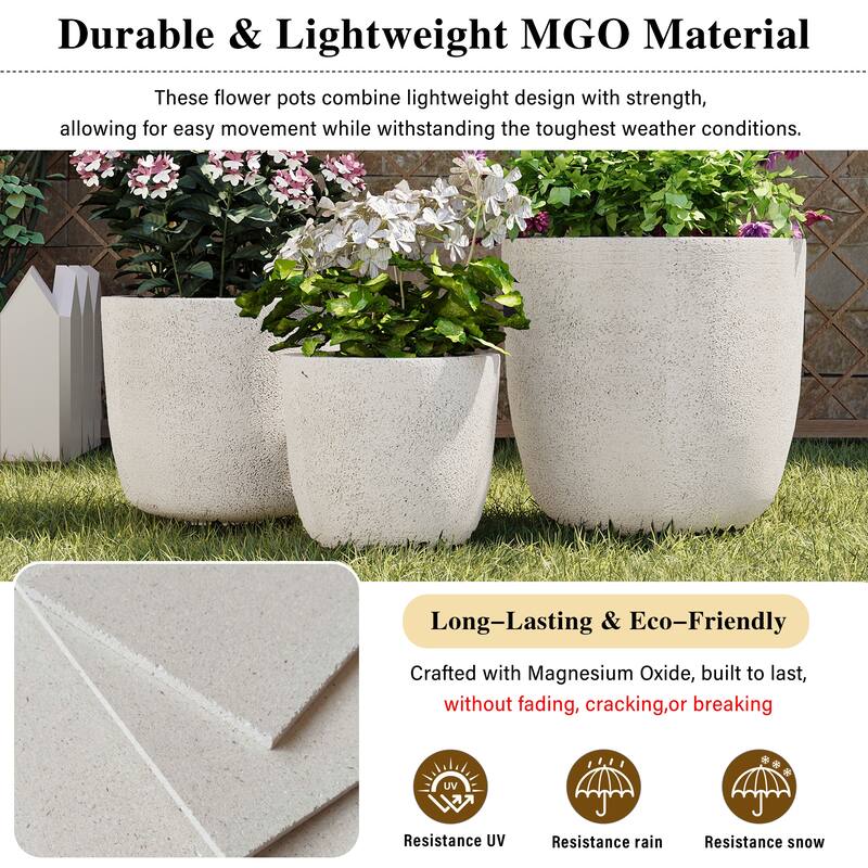 Lightweight Matte Textured MGO Flower Pot Set of 3,Round Concrete Stackable Planter with Drainage Holes and Rubber Plug