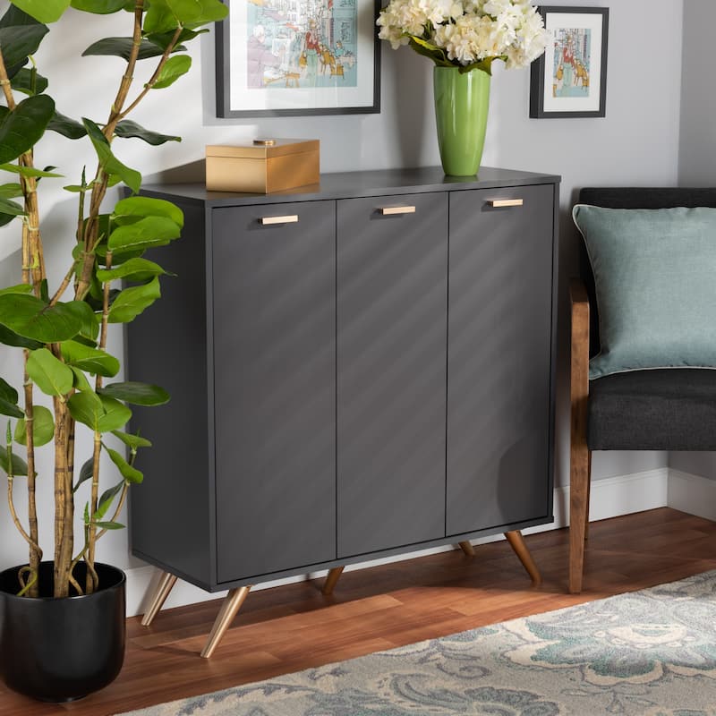 Kelson Modern Dark Grey and Gold Finished Wood 3-Door Shoe Cabinet