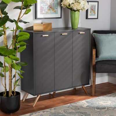 Kelson Modern Dark Grey and Gold Finished Wood 3-Door Shoe Cabinet
