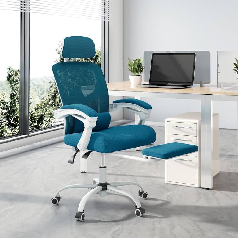 Home Office Desk Chair with Footrest, High-Back Mesh Reclining Chairs with Headrest for Home, Office, Gaming, Student - Blue