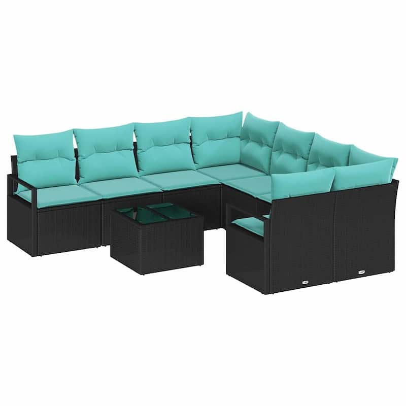 vidaXL 9 Garden Sofa Set with Cushions Black Poly Rattan - 91.3 x 92.1 x 27.2