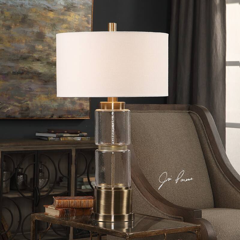 Stacked Glass Columns Table Lamp with Drum Shade - 30.5" - Clear