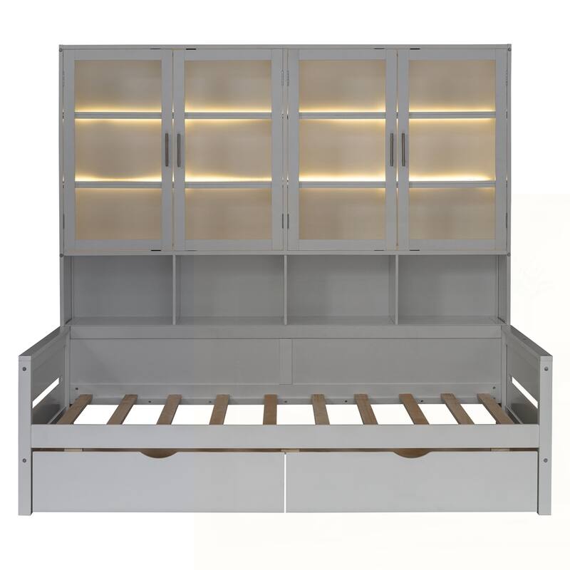 Wooden Daybed with Glass-Door Storage Cabinets and Built-in LED Lighting