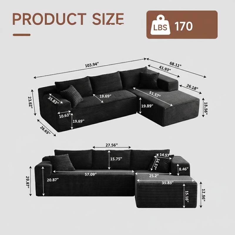 103.54" Flannel L-Shaped High-Density Modern Modular Sectional Sofa with Chaise & Pillows
