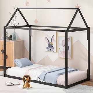 Twin Metal Platform Bed with House-Shaped Design for Charming and Durable Bedroom Decor