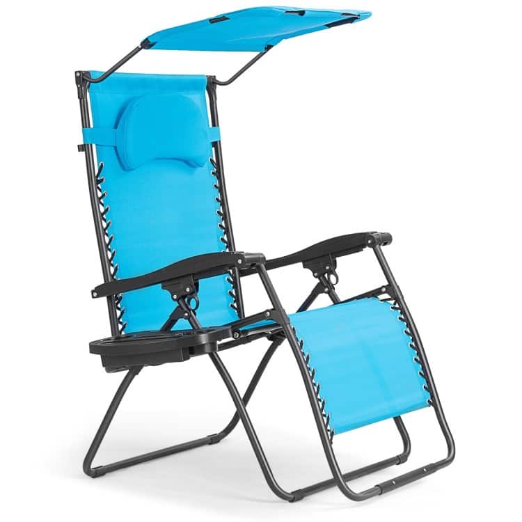 Folding Recliner Lounge Chair w/ Shade Canopy Cup Holder - Blue -  Turquoise 