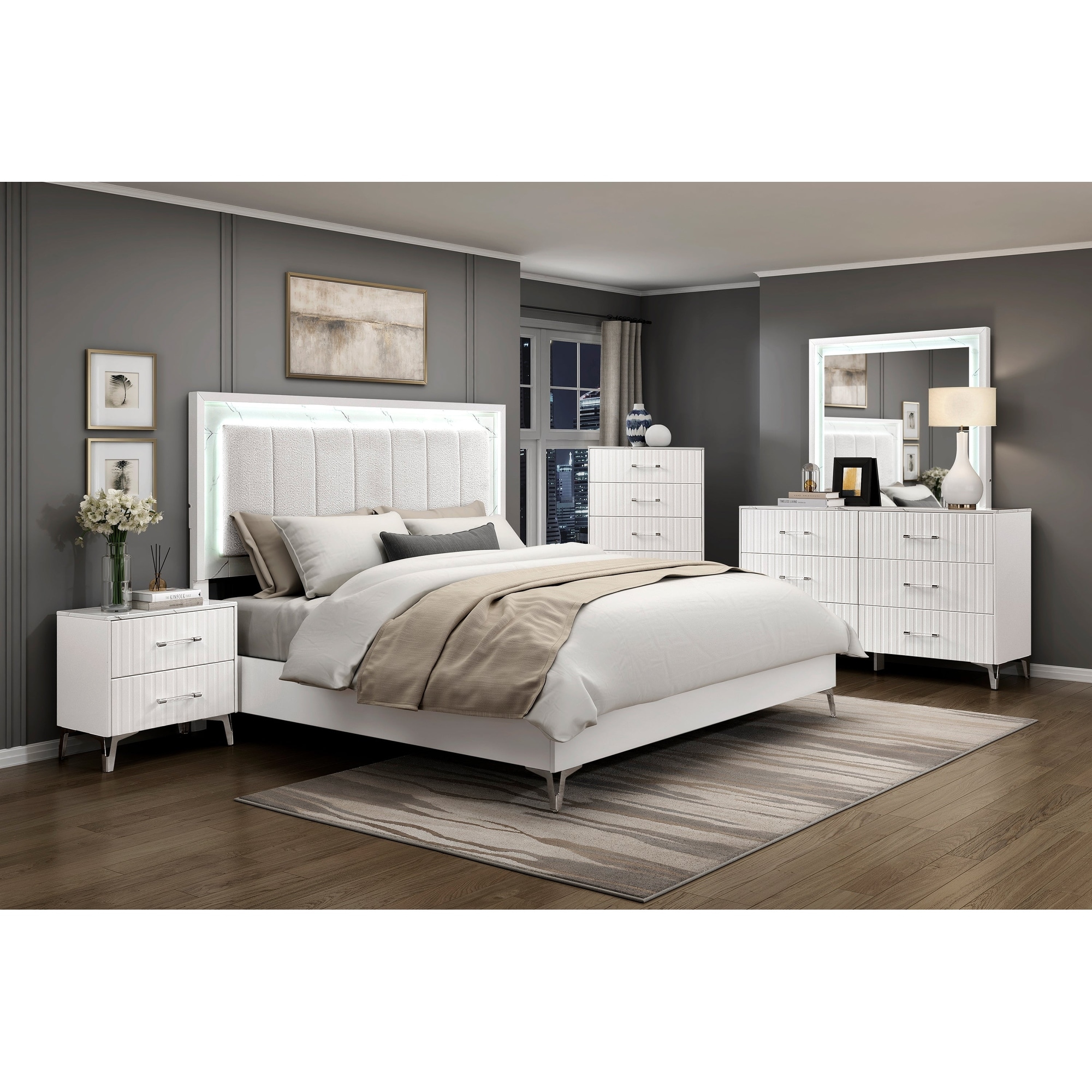 Modern Glam Bedroom Furniture Set High Gloss White Finish