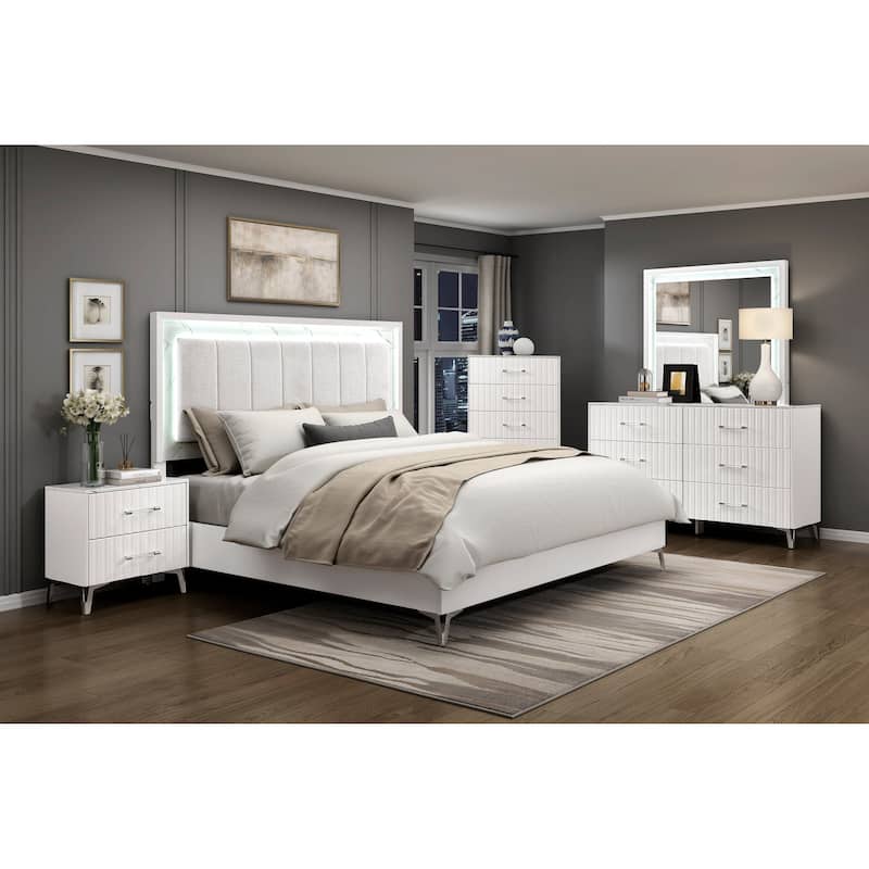 Modern Glam Bedroom Furniture Set High Gloss White Finish - California King - 6 Piece
