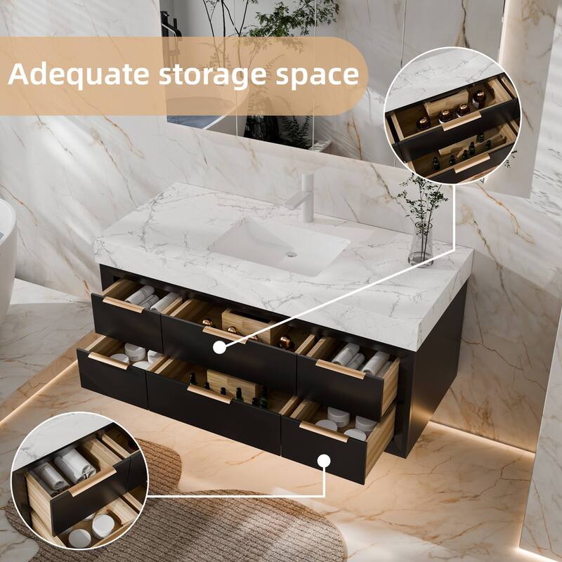 Modland 48" Modern Floating Bathroom Vanity with Single Sink, Soft-Close Drawers, White Stone Countertop