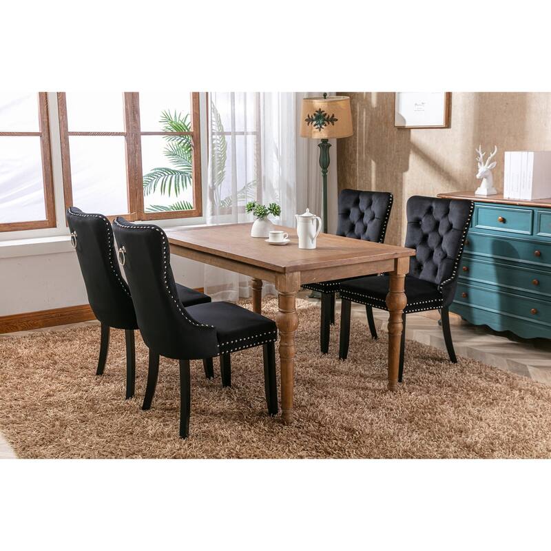 Velvet Dining Chairs Set of 2, Upholstered Dining Chairs with Button Tufted Back, Nailhead Trim & Ring Pull Wingback