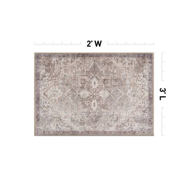 dimension image slide 10 of 17, Floral Medallion Washable Rug – Low Pile, Non-Slip, Ideal for Entryway, Living Room, and Bedroom