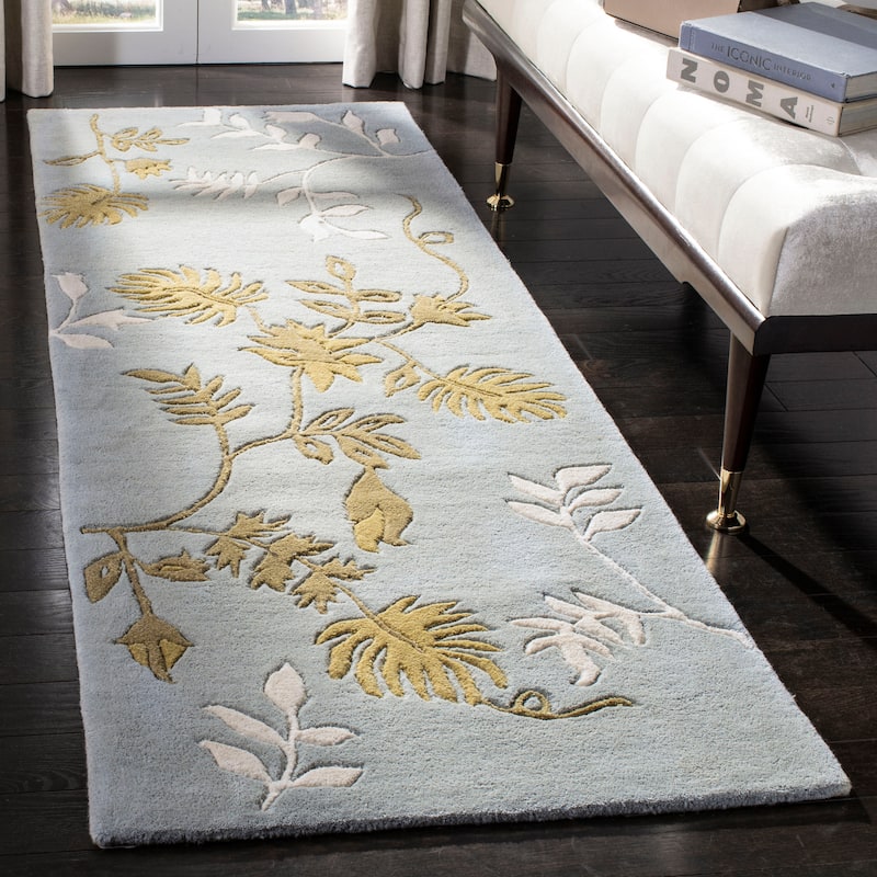 SAFAVIEH, Handmade Soho Kelsi Twigs N.Z. Wool Rug - 2'6" x 18' Runner - Light Blue