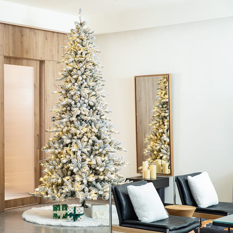 Glitzhome 10Ft Pre-Lit Deluxe Artificial Flocked Fir Christmas Tree with Warm White Lights