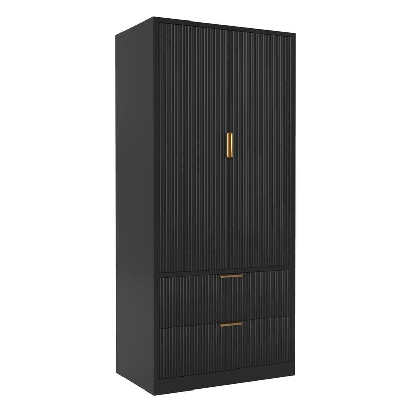 Meyreso Fluted Armoire Wardrobe Closet Storage Cabinet with 2 Doors & 2 Drawers - N/A