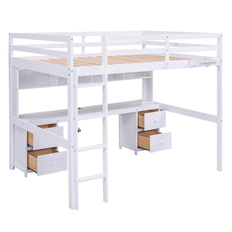 White Full Size Loft Bed with Desk, Cabinets, USB Ports, and Drawers