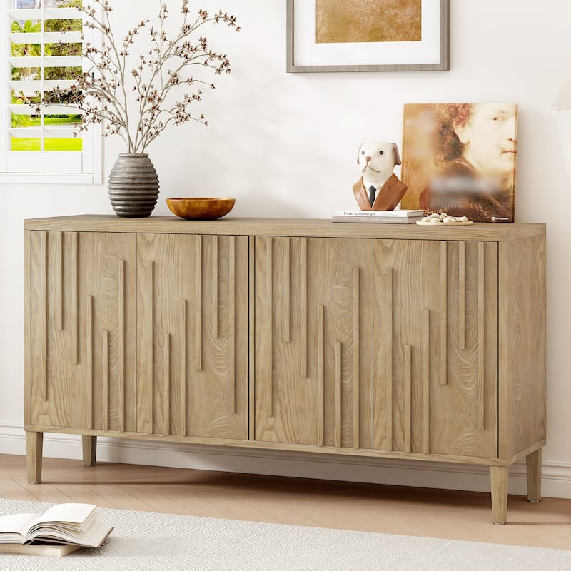 59.8" 4-Door Sideboard,Hidden Handle,Distinctive Solid Ash Veneer Buffet with Storage, Farmhouse Sideboard TV Stand - Natural
