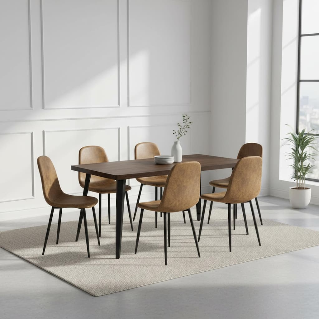 Homy Casa 7PCS Dining Set, Dark Brown Table 6 Suede Upholstered Chairs