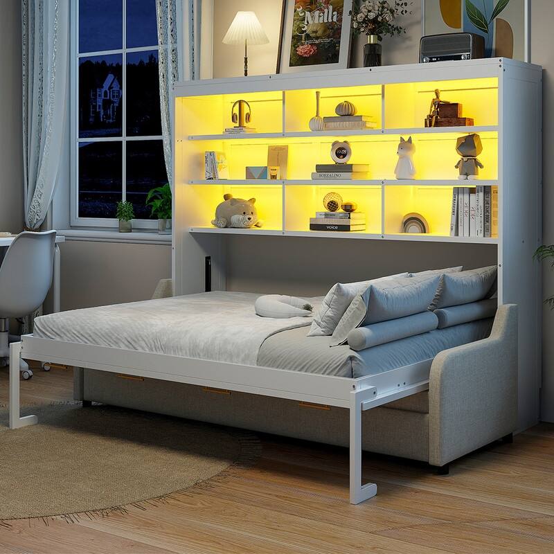 Full/Queen Size Murphy Cabinet Bed with Folding Sofa, Storage Bed Frame with Built-in Bookshelf and LED Light