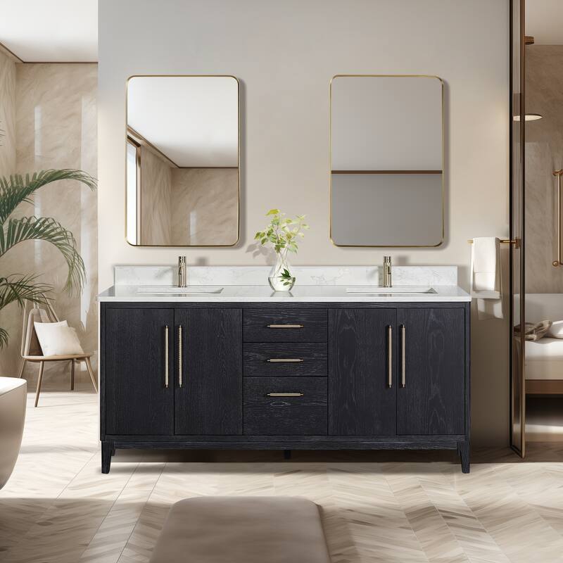 Gara Double Bath Vanity with Composite Stone Top and Mirror - 72in. - Fir Wood Black
