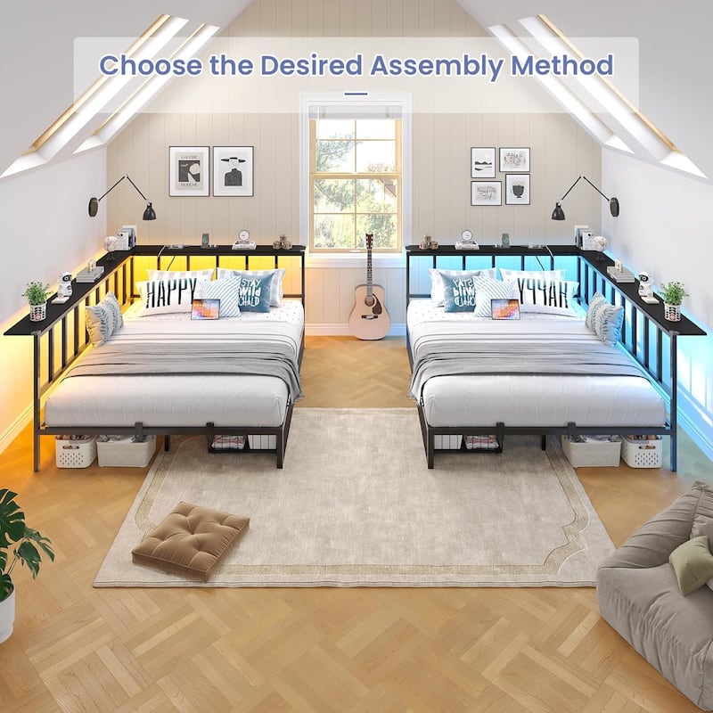 Corner Bed Frame 2 Storage Drawers Daybed Charging Station LED Lights