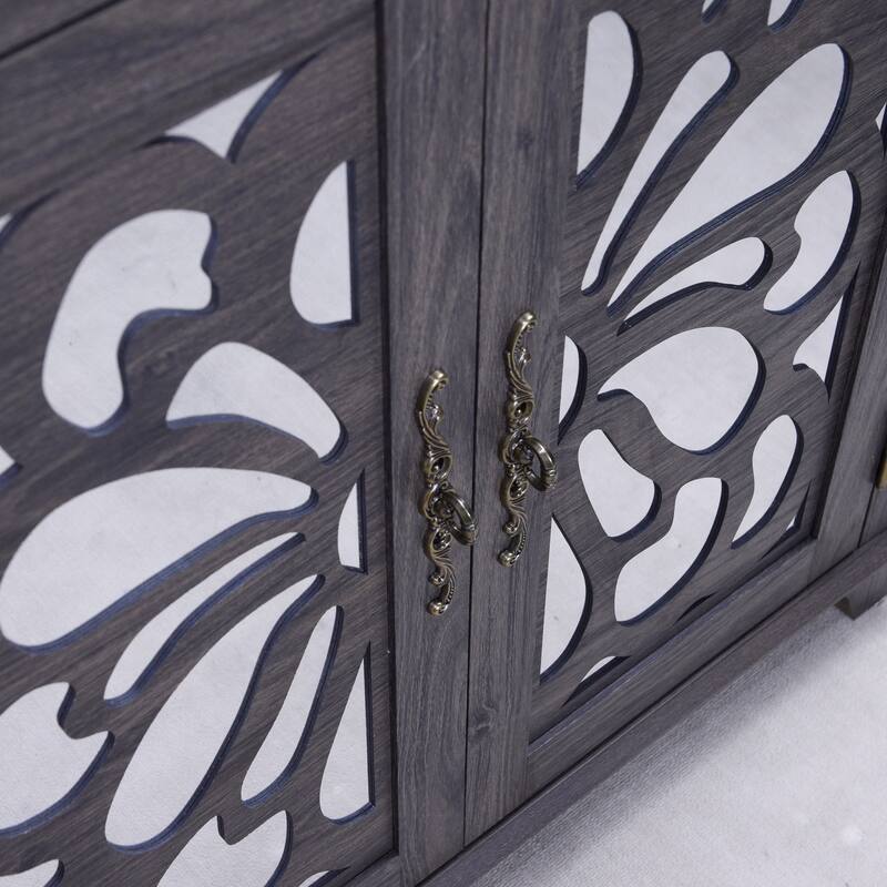 Elegant sideboard with 2 acrylic mirrored doors Sideboard and Buffet with Storage, Hollow-Carved Accent Cabinet
